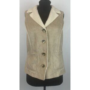 LL BEAN Vintage Faux Suede Shearling Lined Vest Tan Beige Button Up Sz Petite XS